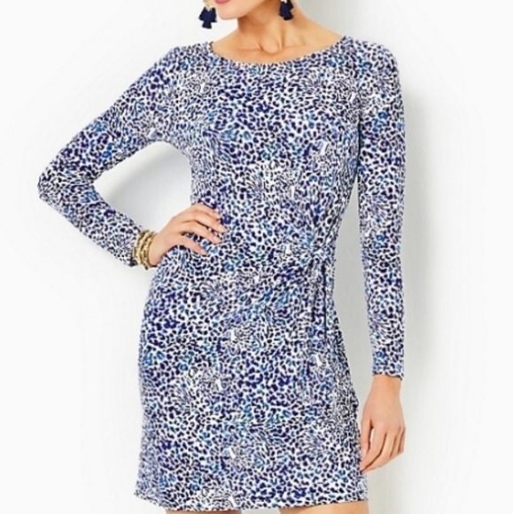 NWOT Lilly Pulitzer  Bryson Long Sleeve Blue and White Leopard Print Dress - Picture 5 of 14